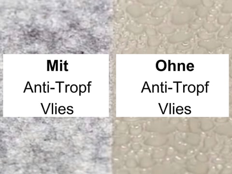Vergleich der Oberflächen von Stehfalzblechen, links mit Anti-Tropf-Vlies für Kondensschutz, rechts ohne Vlies zeigt Tropfenbildung