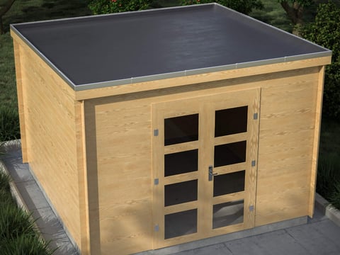 Modernes Holz-Gartenhaus unter grünen Bäumen mit einem nahtlos verlegten EPDM-Flachdach für langanhaltenden Schutz