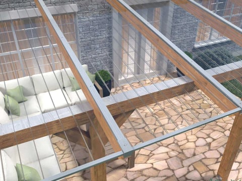 Klare Doppelstegplatten auf einer Holzterrasse, perfekt für moderne, lichtdurchflutete Überdachungslösungen mit hoher Tragkraft und Langlebigkeit