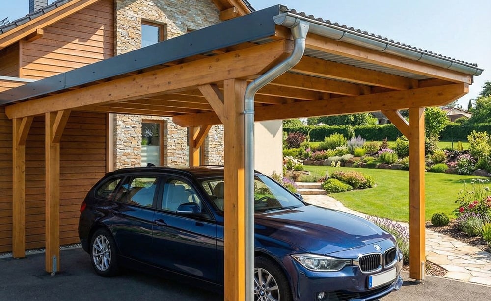 Modernes Doppelcarport mit anthrazitfarbenem Trapezblech-Dach und passender Entwässerung