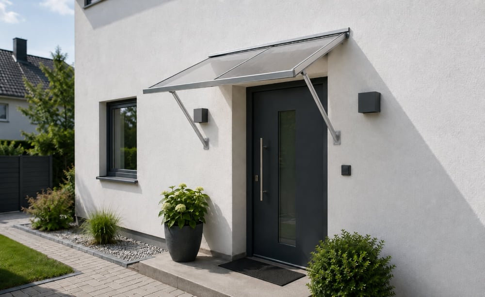 Modernes Vordach aus klaren Stegplatten über einer Haustür