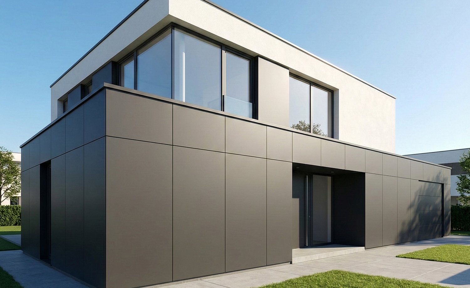 Moderne Fassadengestaltung mit dunklen HPL Schichtstoffplatten