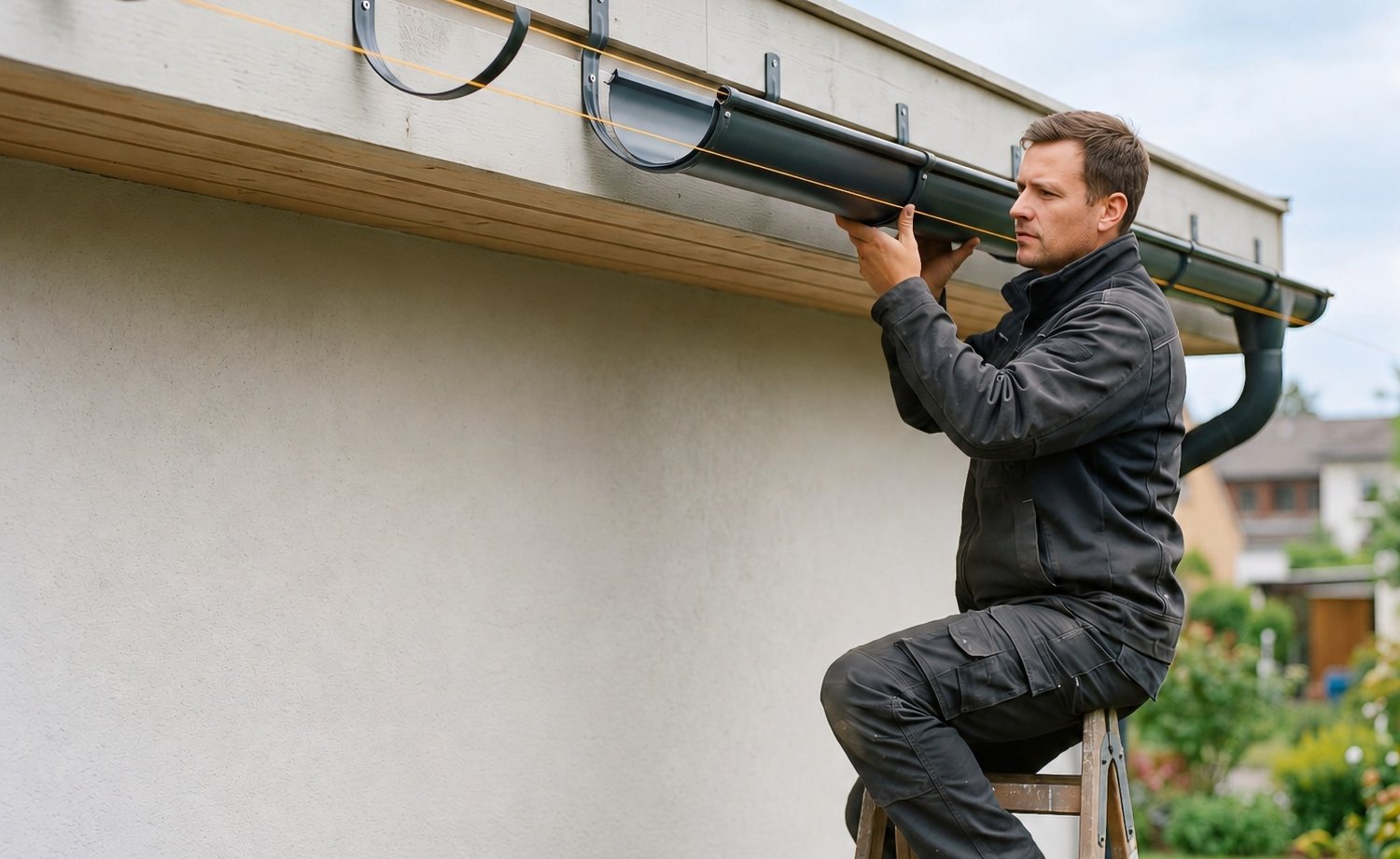 Handwerker hängt eine Dachrinne in die montierten Rinnenhalter an einem Carport ein