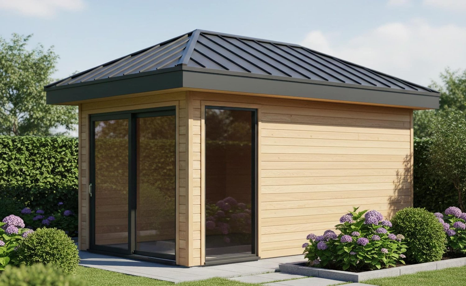 Modernes Gartenhaus mit hochwertiger Trapezblech-Eindeckung in Anthrazit