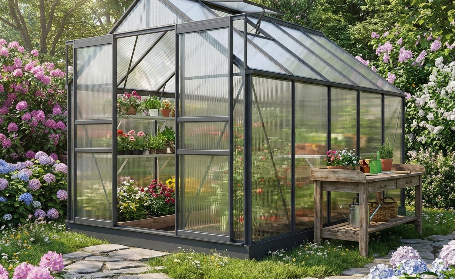 Hobby-Gewächshaus im Garten mit klaren Hohlkammerplatten aus Polycarbonat
