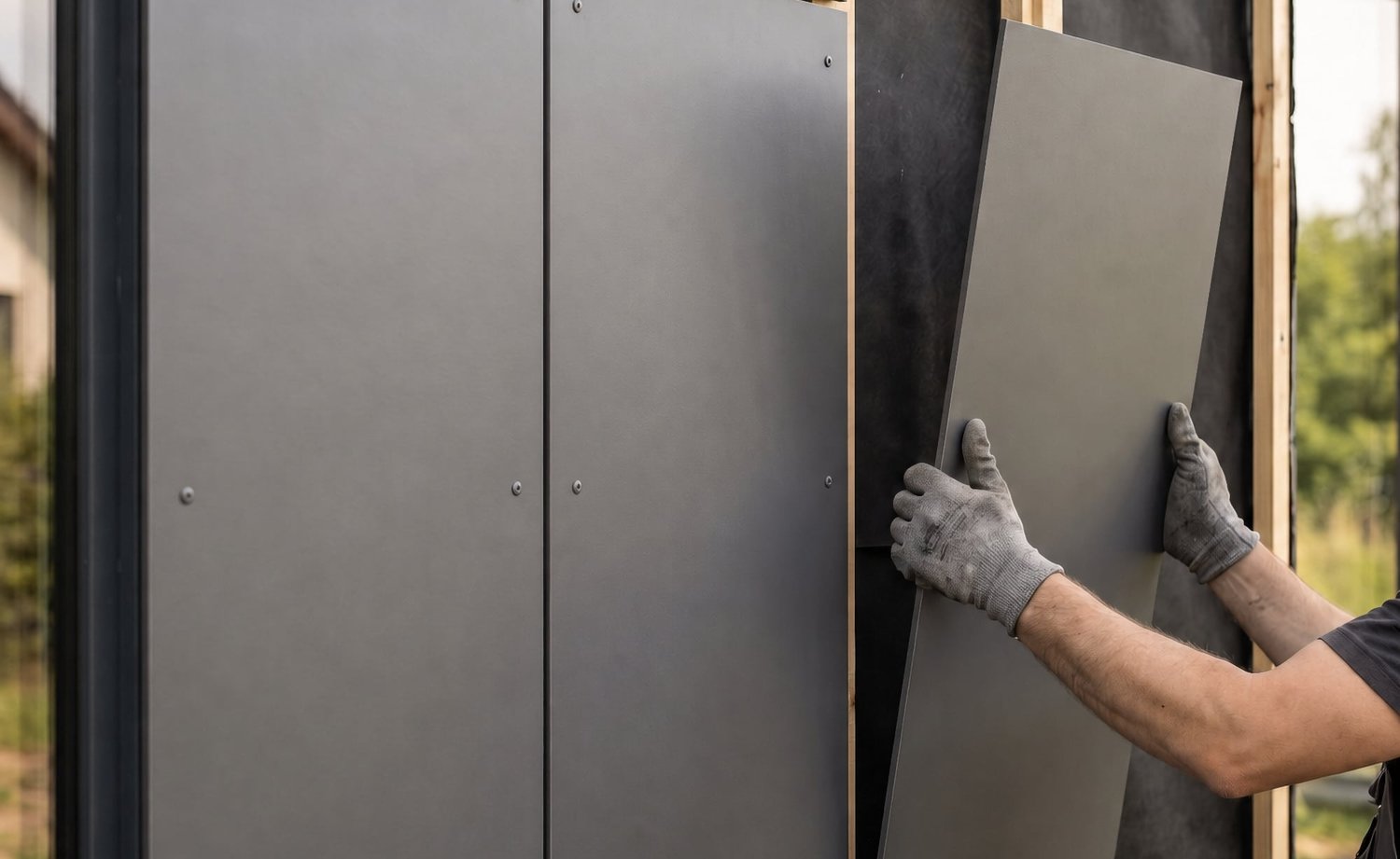 Handwerker setzt eine HPL-Schichtstoffplatte mit sichtbarer Fuge auf eine hinterlüftete Unterkonstruktion