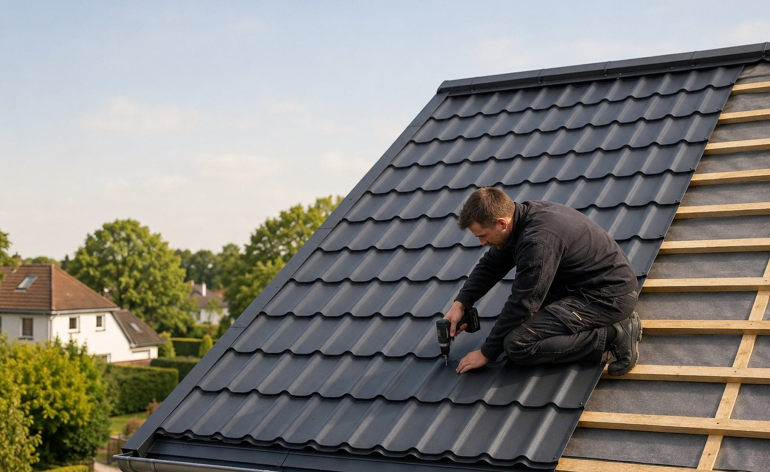 Handwerker verlegt Pfannenbleche auf der Dachhälfte eines Wohnhauses
