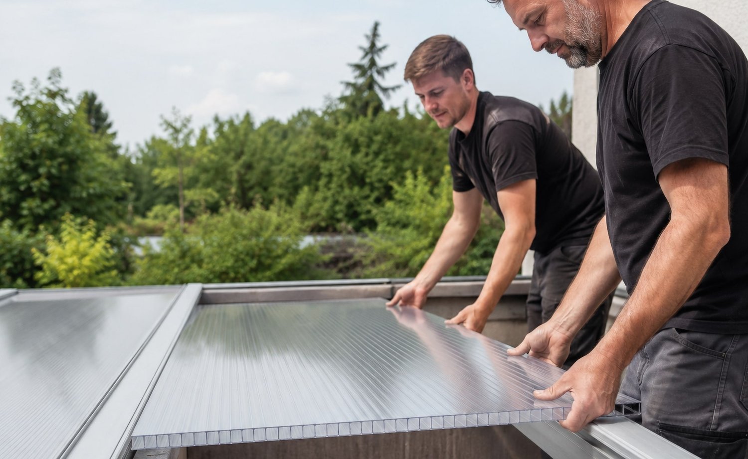 Handwerker montiert Stegplatten in einem Aluminium-Verlegeprofil auf einer Terrassenüberdachung