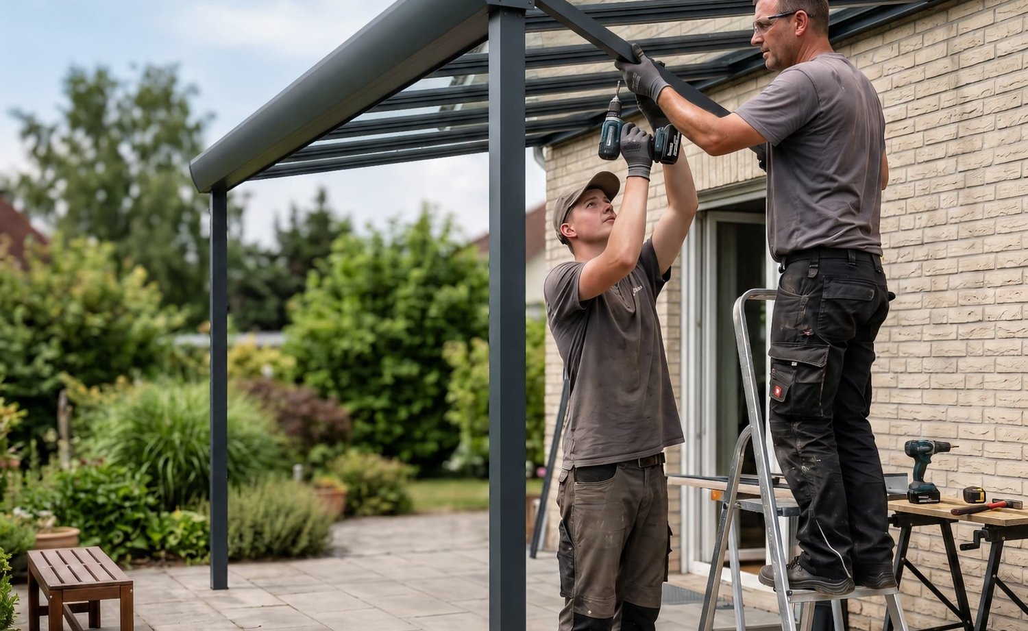 Zwei Handwerker montieren die Aluminium-Konstruktion einer Terrassenüberdachung an einer Hauswand