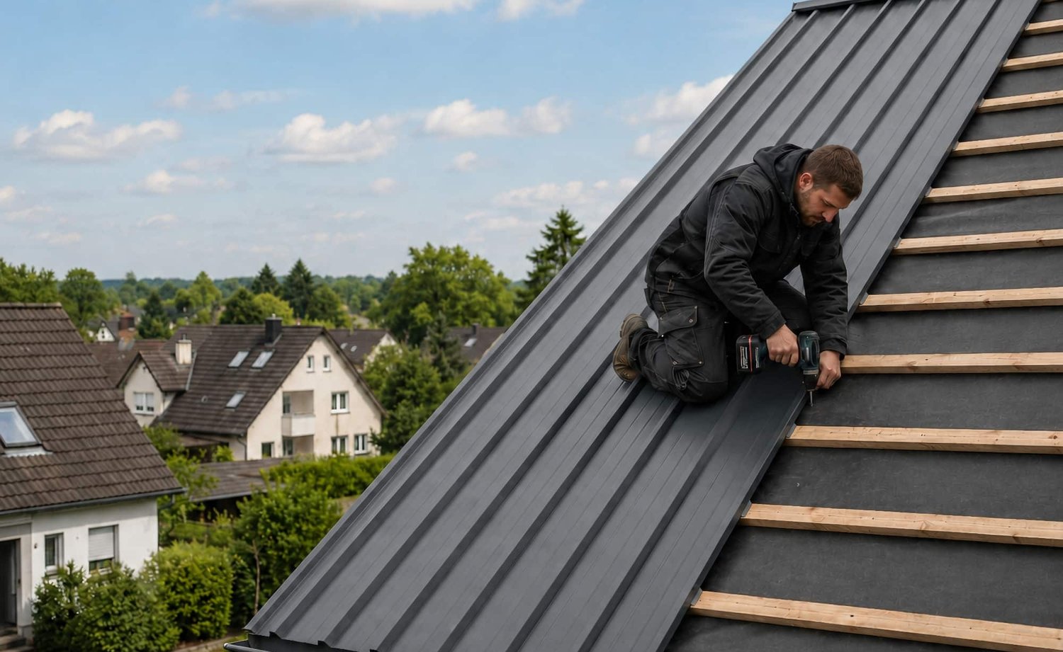 Handwerker verlegt Trapezbleche auf der Dachhälfte eines modernen Gebäudes