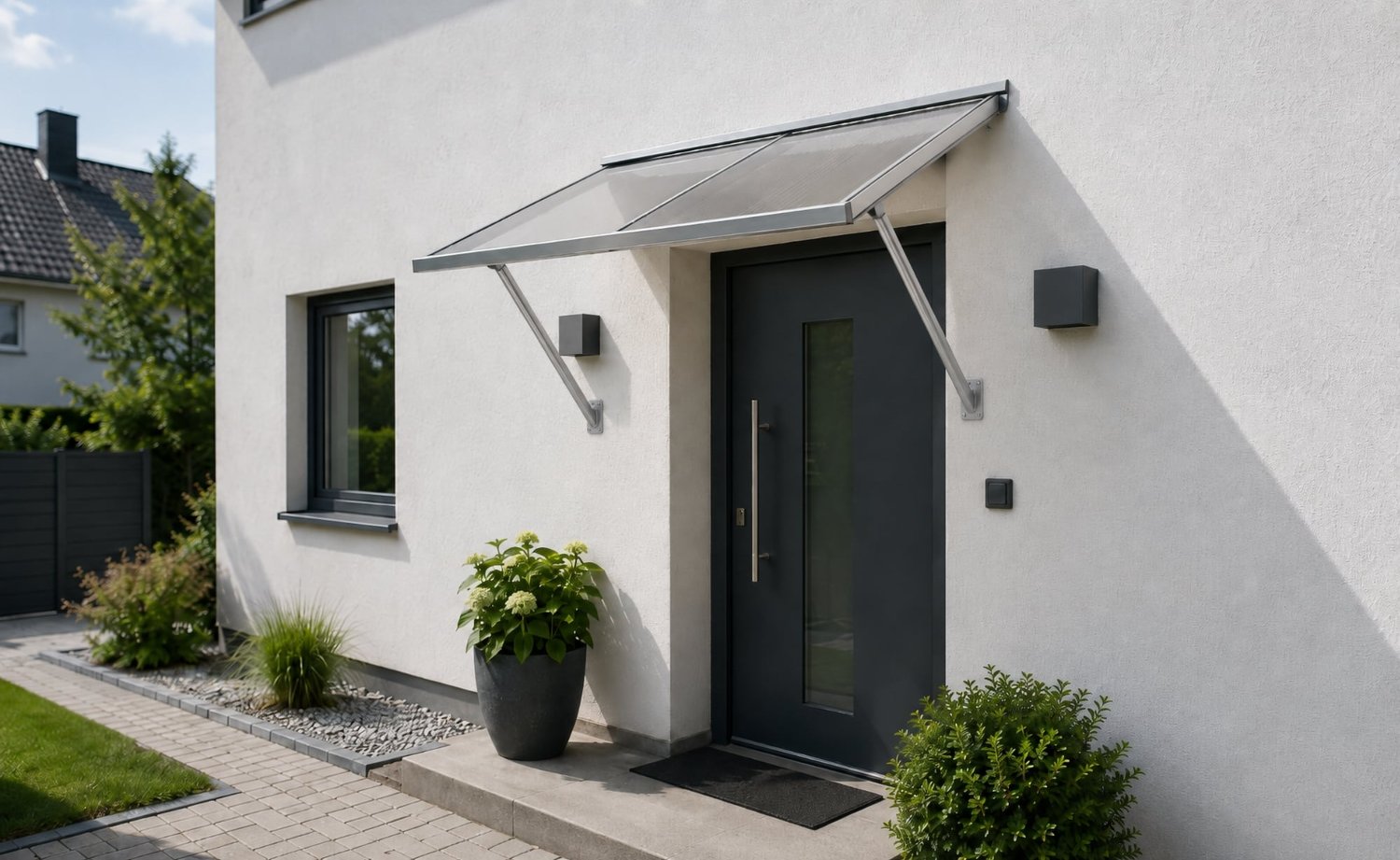 Modernes Vordach aus klaren Stegplatten über einer Haustür
