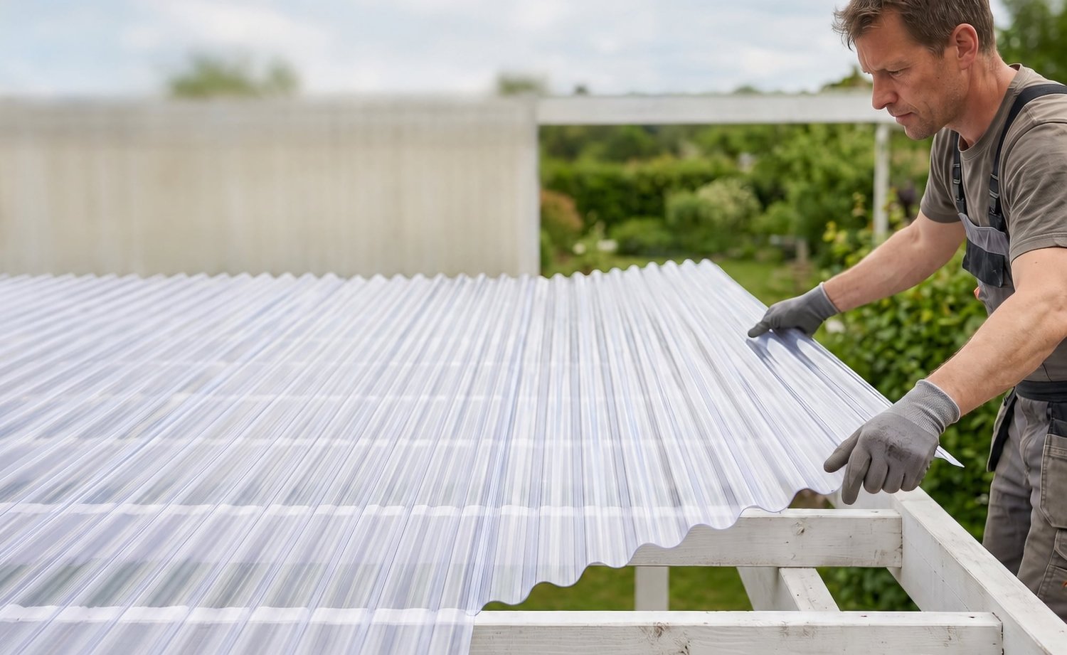 Handwerker verlegt transparente Lichtplatten auf der hellen Holzunterkonstruktion eines Vordachs