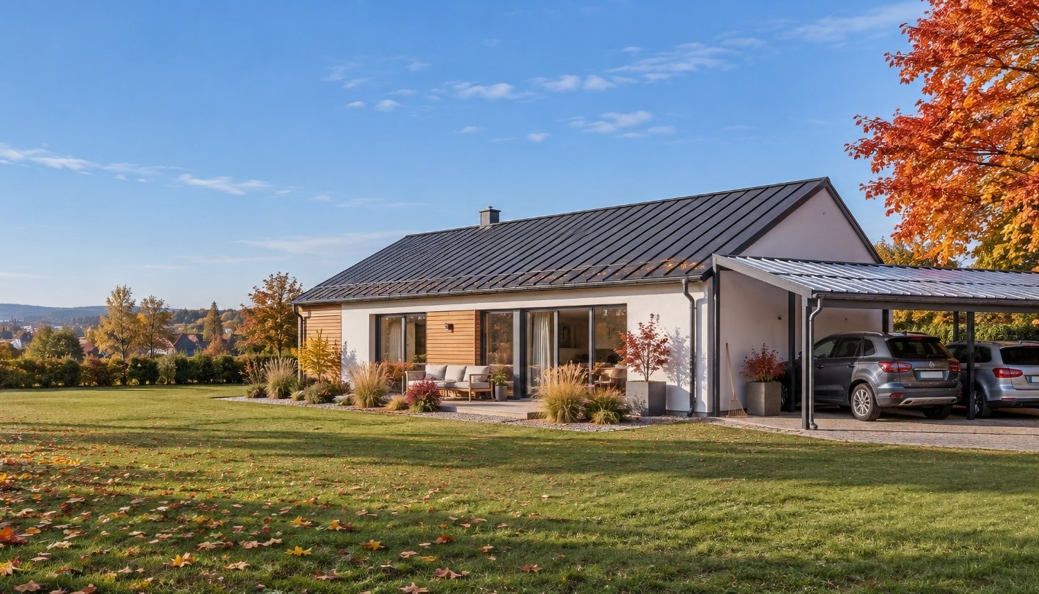 Haus mit anthrazitgrauem Trapezblechdach, Dachrinnen und Carport mit Wellplatten im herbstlichen Garten