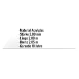 Infografik: Eckdaten der Acrylglas Massivplatte 2 mm, Material, Stärke, Länge, Breite und Garantie