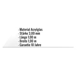 Acrylglas Massivplatte 3 mm opal-weiß, Eckdaten Material, Stärke, Länge, Breite und Garantie eingeblendet