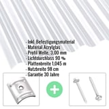 Acrylglas Wellplatte 76/18 klar 3,00 mm mit eingeblendeten Eckdaten und Befestigungsmaterial