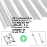 Acrylglas Wellplatte klar, 3,00 mm, mit eingeblendeten Produktdetails und Befestigungsmaterial