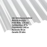 Acrylglas Wellplatte 76/18 klar, 3,00 mm, mit eingeblendeten Eckdaten zu Material, Profil, Lichtdurchlass und Garantie