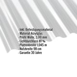 Acrylglas Wellplatte 76/18, klar, 3,00 mm mit eingeblendeten Eckdaten