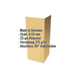 Außenecke aus sandgelbem Stahl, 0,50 mm Stärke, mit eingeblendeten Produktdaten