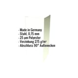 Außenecke Stahl Grauweiß RAL 9002 mit eingeblendeten Eckdaten zu Material, Stärke und Beschichtung
