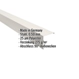 Außenecke Stahl Reinweiß mit eingeblendeten Eckdaten zu Material, Stärke und Beschichtung