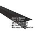Außenecke aus schwarzem Stahl, 0,50 mm, mit 35 µm Mattpolyester Beschichtung, Eckdaten eingeblendet