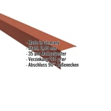 Außenecke Stahl Ziegelrot, 0,50 mm, mit eingeblendeten technischen Daten und "Made in Germany" Hinweis
