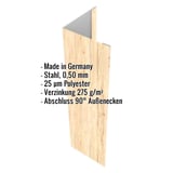 Außenecke Stahl Ahorn 0,50 mm, mit eingeblendeten Eckdaten zu Material und Beschichtung