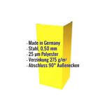 Außenecke Stahl Rapsgelb RAL 1021 mit eingeblendeten Eckdaten zu Material, Stärke und Beschichtung