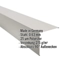 Außenecke aus Stahl, Weißaluminium (RAL 9006), 0,63 mm Stärke, mit eingeblendeten Eckdaten
