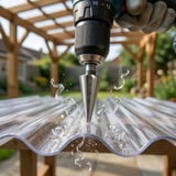 Bohrer für Kunststoffplatten aus Edelstahl, bohrt in eine transparente Wellplatte, Späne fliegen