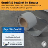 Dach Reparaturband Rolle, mit eingeblendetem Prüfzertifikat des Deutschen Instituts für Verbraucherschutz