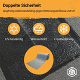 Dach Reparaturband VLIES+ auf dunklem Untergrund, Symbole für UV-beständig, wasserdicht, frostbeständig