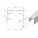 Technische Zeichnung des Dachrandprofils CUBE mit Querschnitt und Massen, Staerke 1,2 mm