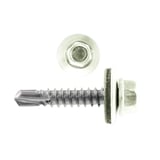Edelstahlschraube Polmetal, RAL 9002 Grauweiß, mit Bohrspitze und Dichtscheibe, Seiten- und Draufsicht