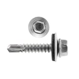 Edelstahlschraube, weißaluminium (RAL 9006), mit Sechskantkopf, Unterlegscheibe und Dichtung, Seitenansicht und Draufsicht