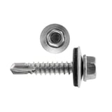 Edelstahlschraube Graualuminium RAL 9007 mit Sechskantkopf und Dichtung, Seitenansicht und Draufsicht