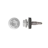 Edelstahlschraube mit Sechskantkopf und Dichtscheibe, Farbe Weißaluminium (RAL 9006), Ansicht von oben und Seite