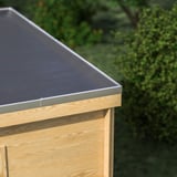 EPDM Dachfolie 1,14 mm schwarz auf Gartenhaus, Detail der Dachkante mit Blechabschluss