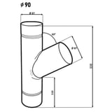Technische Zeichnung des Fallrohrabzweigs 60 Grad mit Massangaben fuer Durchmesser 90 mm und Hoehe 330 mm