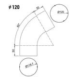 Technische Zeichnung eines Fallrohrbogens mit Massen und Winkeln, Durchmesser 120 mm