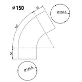 Technische Zeichnung des Fallrohrbogens mit Massen, Durchmesser 150 mm und 60 Grad Winkel