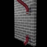 Zwei kirschrote Fallrohrboegen an einer grauen Ziegelwand, Montagebeispiel mit Schellen