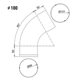 Technische Zeichnung des Fallrohrbogens mit Massen und Winkeln, Durchmesser 100 mm