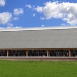 Dach eines Stallgebaeudes mit Faserzement Wellplatten Europa Profil 5 naturgrau, 6,50 mm, und Tieren im Inneren