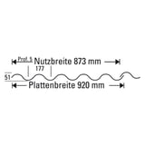 Technische Zeichnung der Faserzement Wellplatte Europa Profil 5 mit Massen für Plattenbreite 920 mm und Nutzbreite 873 mm