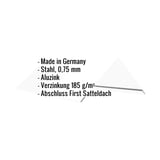 Infografik: Firstblech flach aus Aluzink, 0,75 mm Stahl, mit Eckdaten eingeblendet