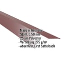 Firstblech flach Weinrot RAL 3005, Stahl 0,50 mm, mit eingeblendeten Eckdaten