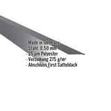 Firstblech flach Anthrazitgrau, Stahl 0,50 mm, Polyester 25 µm, mit eingeblendeten Eckdaten